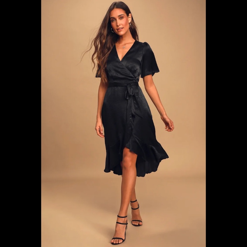 NWT Wrapped Up In Love Black Satin Faux-Wrap Midi Dress